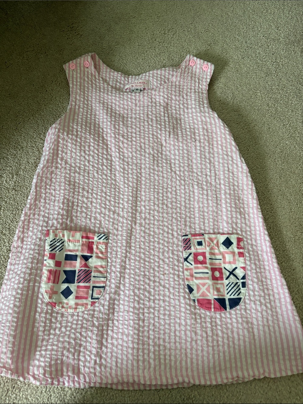 Girls' Pink Striped Seersucker Dress with Patterned Patch Pockets